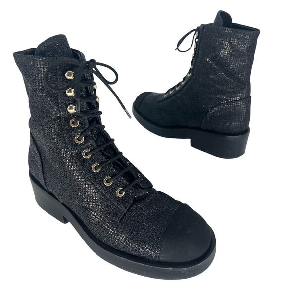 Chanel 2022 CC Logo Glitter Combat Boots Black Runway Virginie Viard 38.5 - Picture 3 of 16